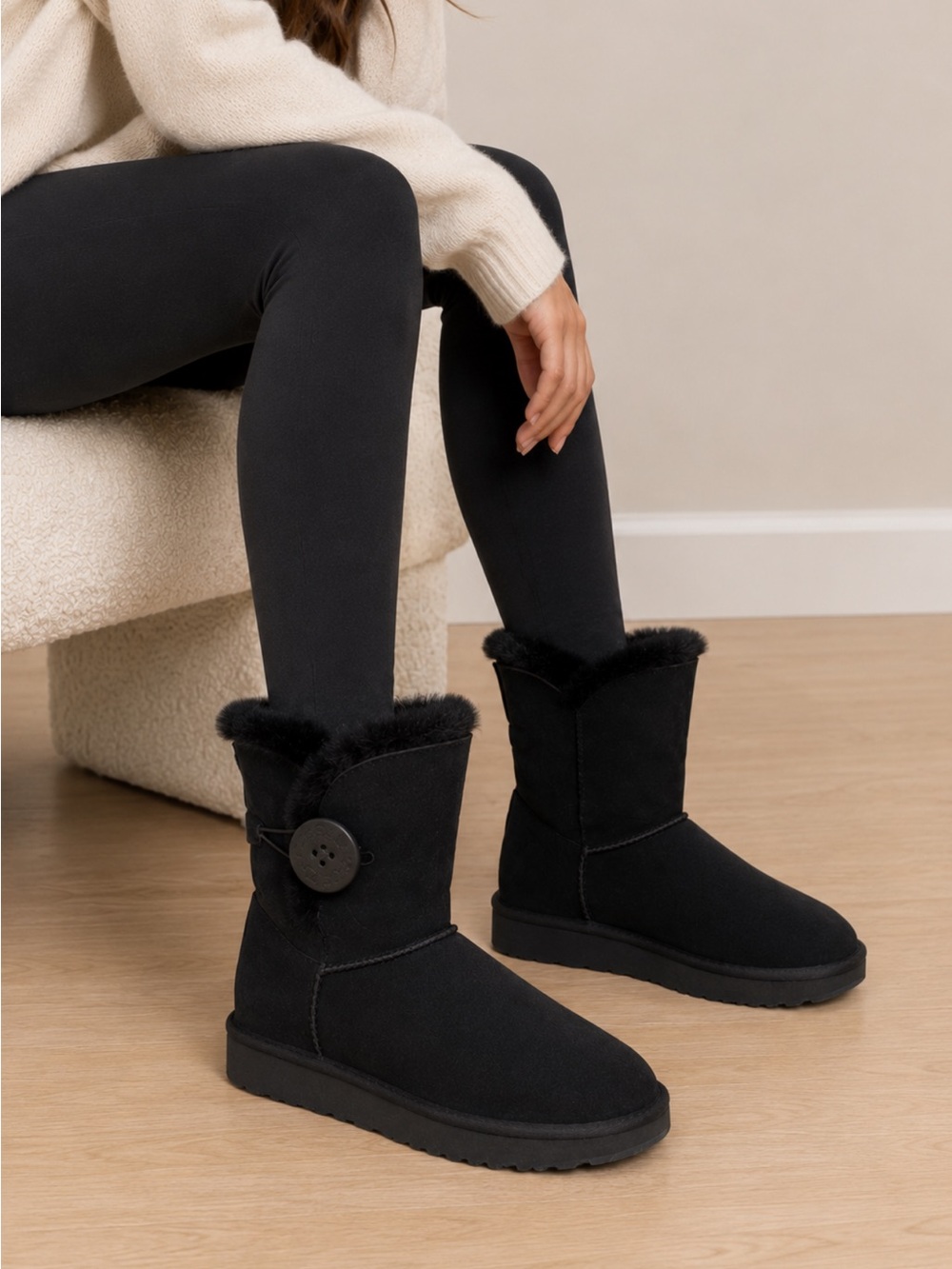 UGG Black Short Suede Boot with Branded Heel - Picture 2 of 5